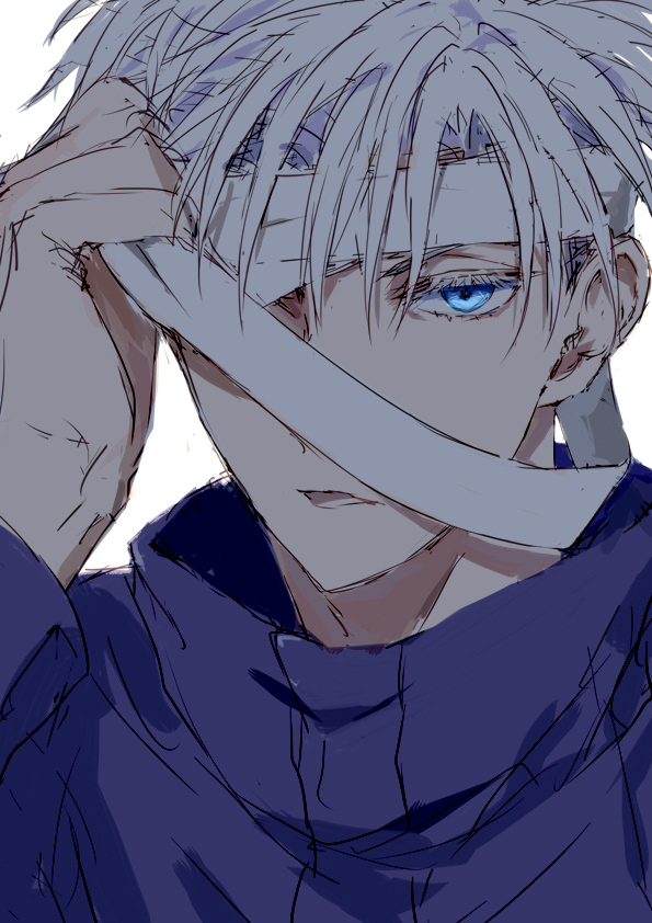 1boy, bandages, blue_eyes, closed_mouth, colored_eyelashes, commentary_request, gojou_satoru, high_collar, jujutsu_kaisen, long_sleeves, looking_at_viewer, male_focus, nori20170709, removing_bandages, short_hair, simple_background, solo, white_background, white_hair