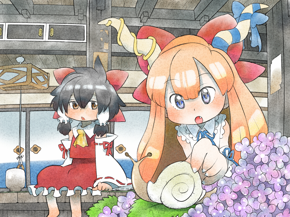 azito7, barefoot, black_hair, blonde_hair, blue_eyes, bow, brown_eyes, chibi