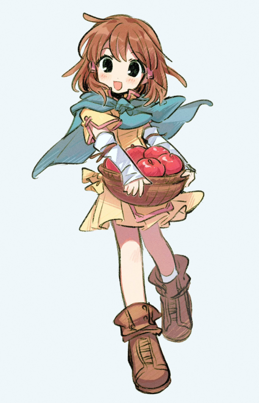 1girl, :d, apple, aqua_cloak, arm_warmers, basket, black_eyes, boots