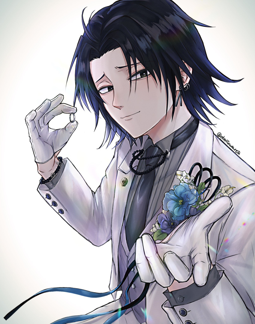 1boy, alternate_costume, beckoning, black_eyes, black_hair, black_necktie, feitan_portor, formal, highres, holding, holding_jewelry, holding_ring, hunter_x_hunter, jewelry, long_sleeves, looking_at_viewer, male_focus, necktie, obentowasureta, outstretched_hand, proposal, reaching, reaching_towards_viewer, ring, short_hair, smile, solo, suit, upper_body, wedding_ring, white_suit