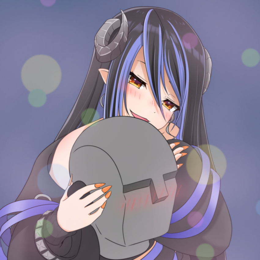 1girl, binaural_microphone, black_hair, black_jacket, blue_hair, blurry, blush, bokeh