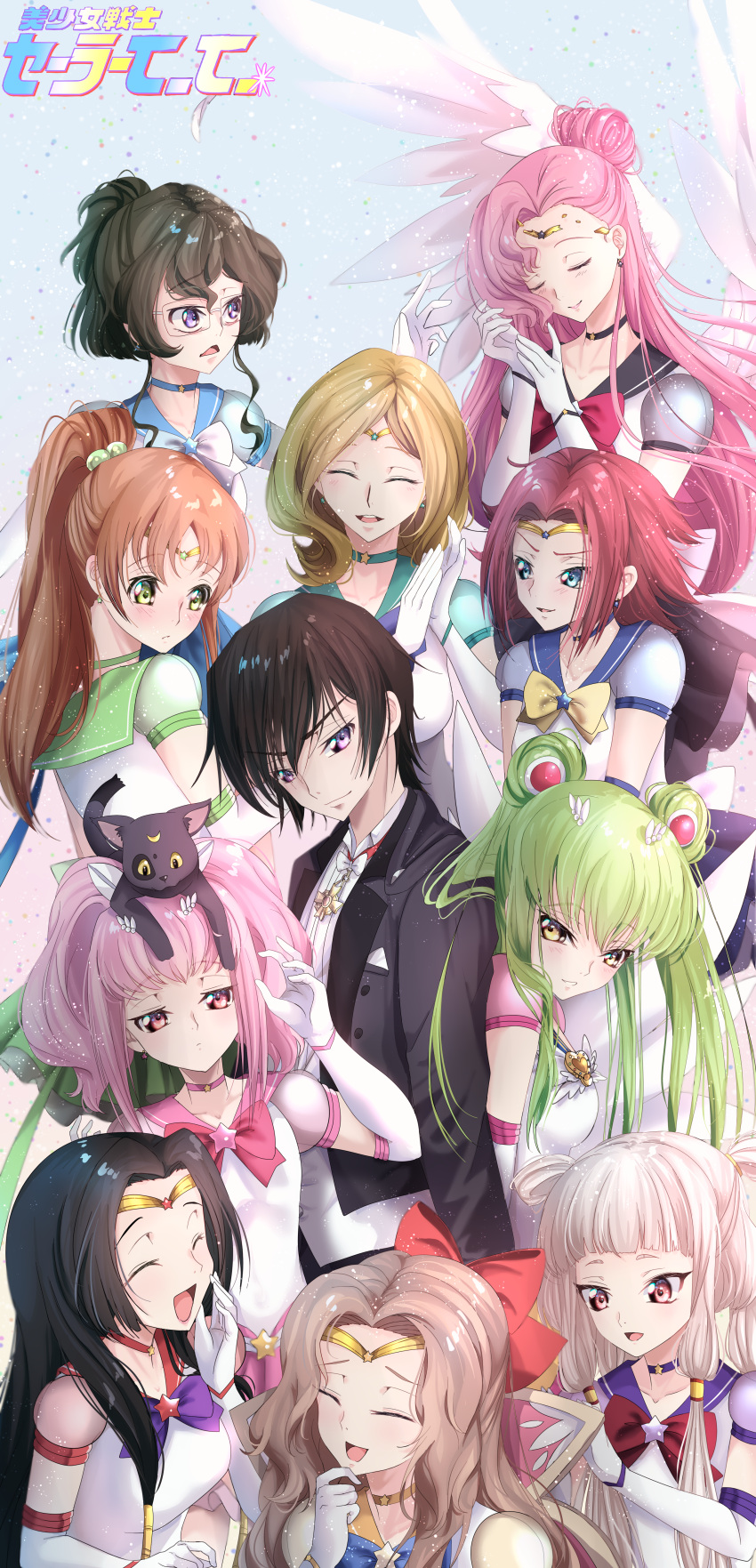 1boy, 6+girls, :d, absurdres, alternate_costume, animal_on_head, anya_alstreim, aqua_eyes