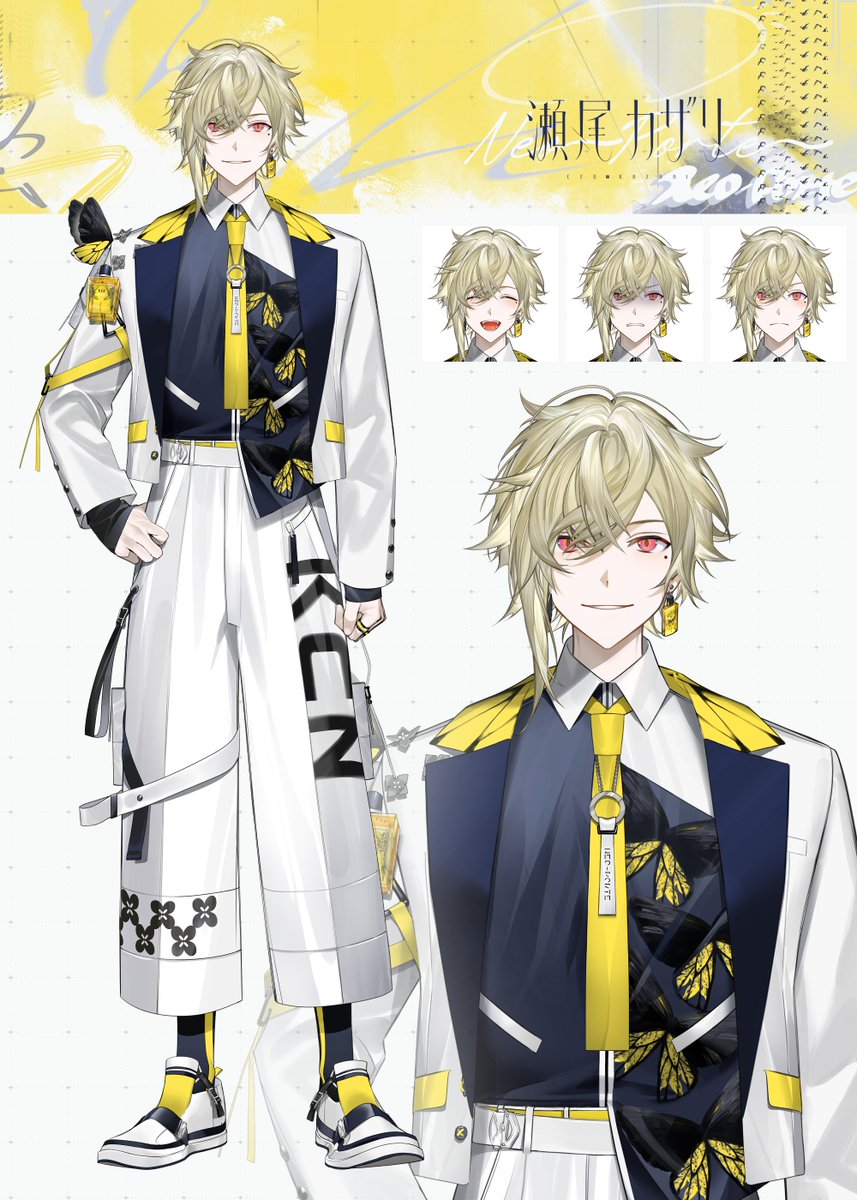 1boy, :d, ^_^, animal_print, asymmetrical_clothes, asymmetrical_sidelocks, belt, black_shirt, black_socks, blonde_hair, blush, bottle, bug, butterfly, butterfly_print, ceo_kazari, closed_eyes, collared_shirt, earrings, expressions, floral_print, full_body, grey_background, hair_between_eyes, hand_on_own_hip, highres, jacket, jewelry, lapels, looking_at_viewer, male_focus, mole, mole_under_eye, necktie, neo-porte, notched_lapels, official_art, open_clothes, open_jacket, pants, parted_lips, pendant, perfume_bottle, print_pants, red_eyes, ring, shaded_face, shirt, shirt_partially_tucked_in, shoes, shokuen_(oxstl), short_hair, sleeves_past_wrists, smile, socks, solo, standing, straight-on, virtual_youtuber, white_belt, white_footwear, white_jacket, white_pants, yellow_background, yellow_butterfly, yellow_necktie, zoom_layer