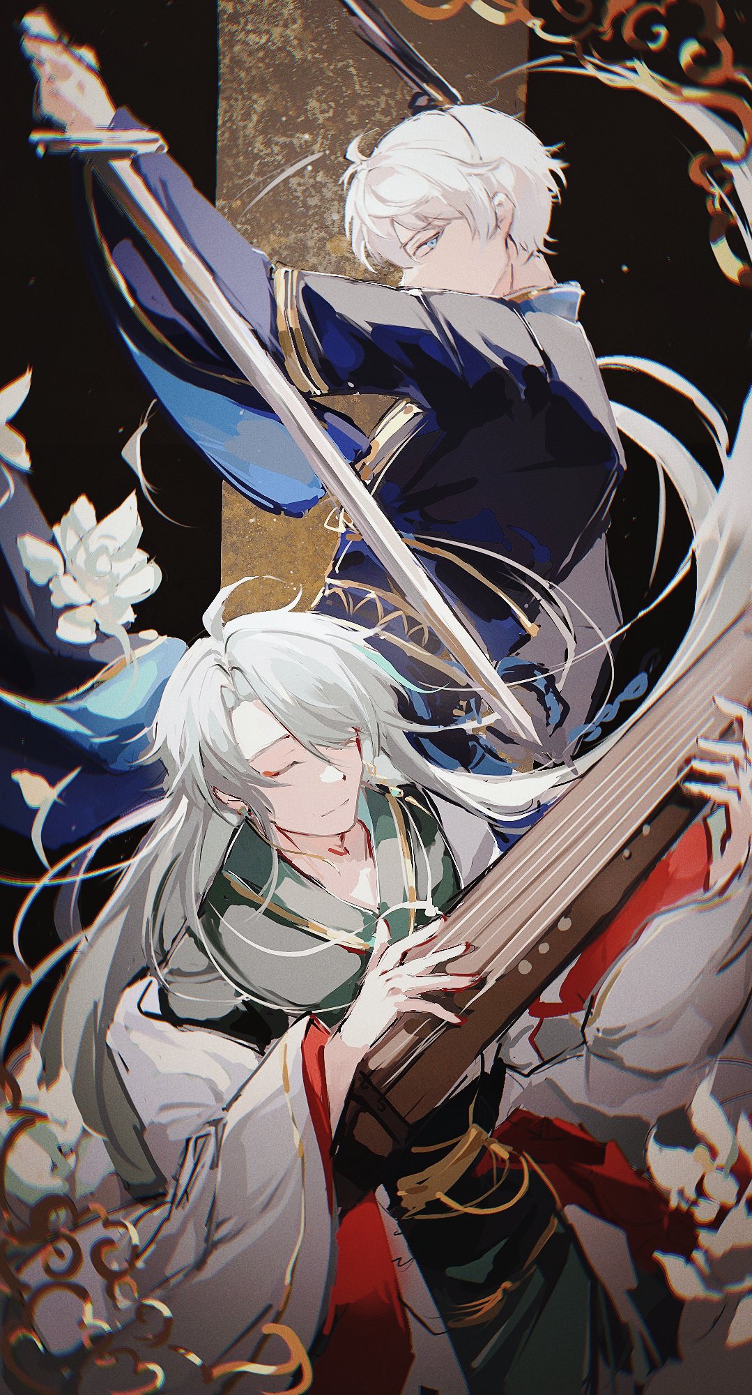 2boys, ahoge, alternate_costume, aqua_hair, arm_up, black_background, black_sash, blue_eyes, blue_robe, brown_background, chinese_clothes, closed_eyes, closed_mouth, covered_mouth, cowboy_shot, dou_g_(douglasiai413), floating_hair, flower, green_robe, grey_hair, guqin, hair_between_eyes, hanfu, headwear_request, highres, holding, holding_instrument, holding_sword, holding_weapon, honkai_(series), honkai_impact_3rd, instrument, jacket, kevin_kaslana, long_hair, looking_at_viewer, male_focus, multicolored_hair, multiple_boys, off_shoulder, profile, red_eyeliner, reverse_grip, robe, sash, short_hair, streaked_hair, su_(honkai_impact), swept_bangs, sword, two-tone_background, weapon, white_flower, white_hair, white_jacket