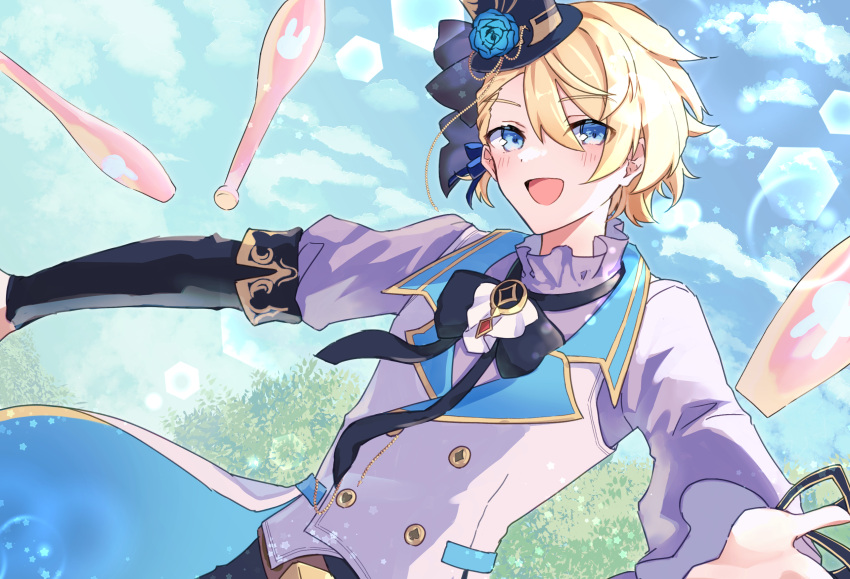 0_sakana_san, 1boy, :d, asymmetrical_bangs, asymmetrical_sleeves, black_bow, black_bowtie, black_headwear