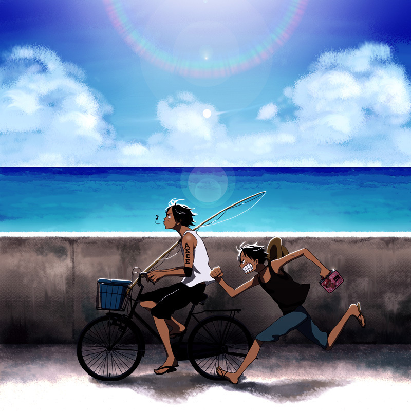 bag, bicycle, bicycle_fund, black_hair, brothers, clouds, fishing_hook, freckles