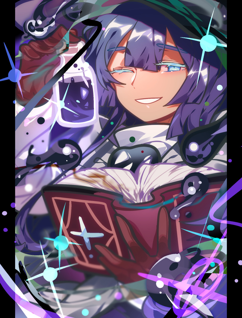 1boy, ;d, black_border, black_headwear, blue_eyes, blunt_bangs, blunt_ends, book, border, bottle, colored_eyelashes, cookie_run, gloves, hair_between_eyes, hat, highres, holding, holding_book, holding_bottle, long_hair, looking_at_viewer, magic, male_focus, omoyu_(nakyu715), one_eye_closed, open_book, pillarboxed, potion, prune_juice_cookie, purple_hair, red_gloves, shirt, smile, solo, sparkle, upper_body, white_shirt, witch_hat