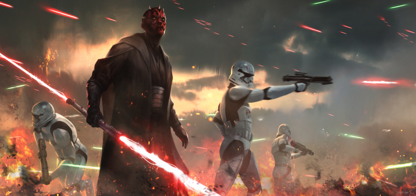 4boys, alien, armor, battle, black_gloves, black_robe, colored_skin, darth_maul