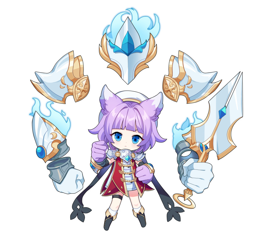 1girl, absurdres, animal_ears, aqua_eyes, armor, black_footwear, boots, highres, latale, medium_hair, purple_hair, shirt, swordian_(latale), white_headwear, white_shirt
