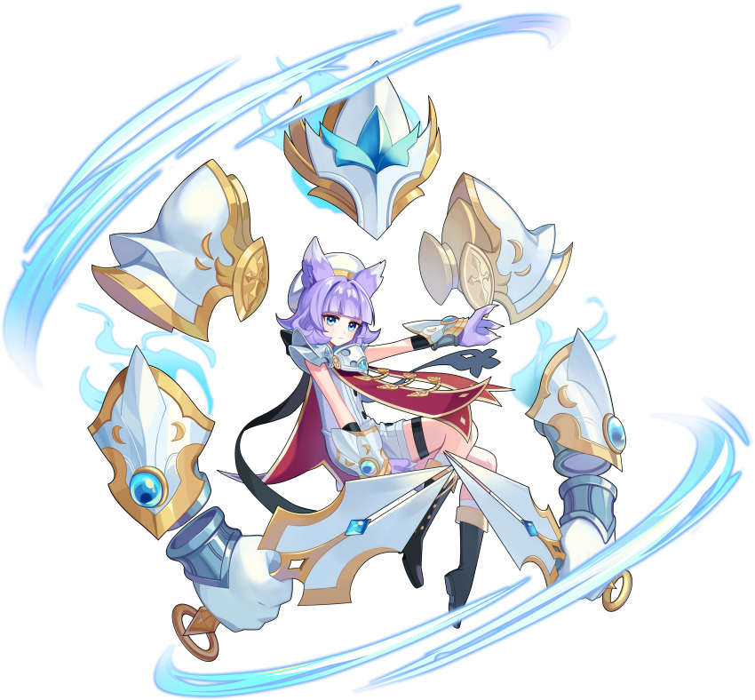 1girl, absurdres, animal_ears, aqua_eyes, armor, black_footwear, boots, highres, latale, medium_hair, purple_hair, shirt, swordian_(latale), white_headwear, white_shirt