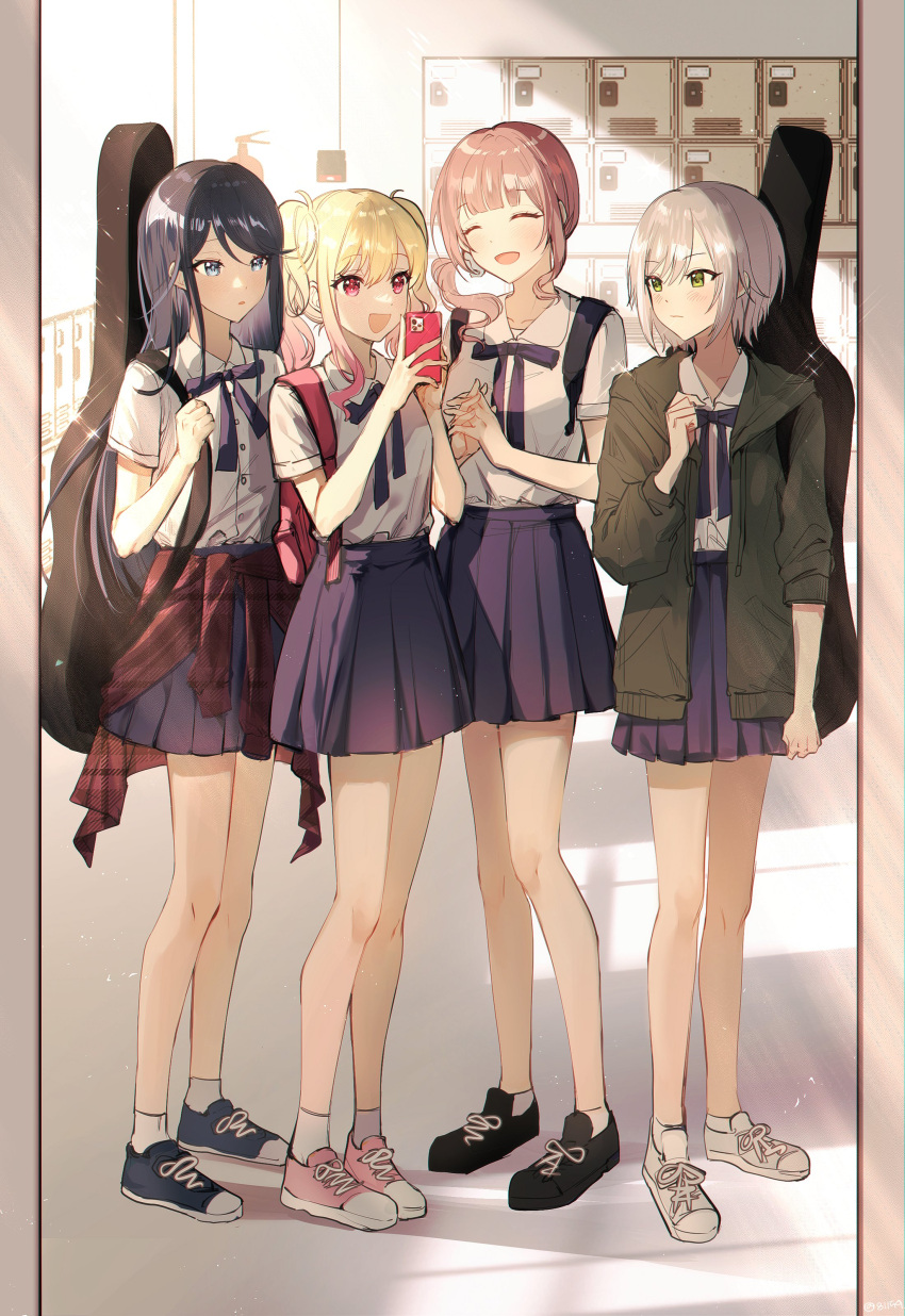4girls, :d, :o, absurdres, backpack, bag, black_footwear, black_hair, blonde_hair, blue_bow, blue_footwear, blue_skirt, bow, bowtie, cellphone, closed_eyes, closed_mouth, clothes_around_waist, collarbone, collared_shirt, drawstring, film_grain, fire_alarm, fire_extinguisher, full_body, getabako, gradient_hair, green_eyes, green_hoodie, grey_hair, guitar_case, hand_up, highres, hinomori_shiho, holding, holding_phone, hood, hood_down, hoodie, hoshino_ichika_(project_sekai), indoors, instrument_case, interlocked_fingers, jacket, jacket_around_waist, korean_commentary, leo/need_(project_sekai), light_brown_hair, light_particles, lomo_(81159), long_hair, long_legs, long_sleeves, looking_at_another, looking_at_phone, low_side_ponytail, mochizuki_honami, multicolored_hair, multiple_girls, open_clothes, open_hoodie, open_mouth, phone, pink_bag, pink_eyes, pink_footwear, pink_hair, plaid, plaid_jacket, pleated_skirt, project_sekai, red_jacket, ribbon, school_uniform, shirt, shirt_tucked_in, shoes, short_hair, short_sleeves, side_ponytail, sidelocks, skirt, smartphone, smile, sneakers, socks, standing, tenma_saki, twintails, white_footwear, white_shirt, white_socks