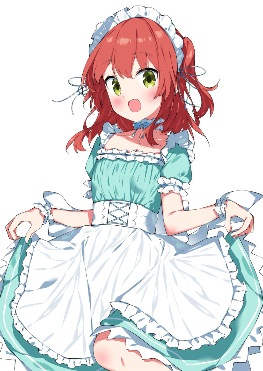 1girl, alternate_costume, apron, aqua_dress, blush, bocchi_the_rock!, collarbone, dress