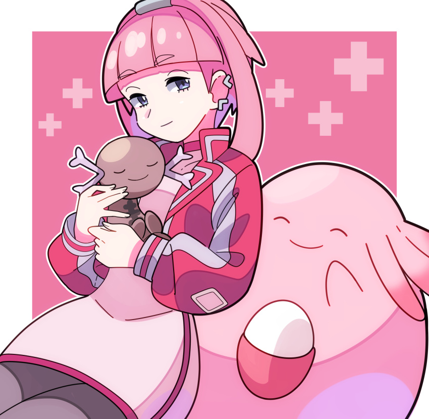 1girl, blunt_bangs, border, chansey, closed_mouth, commentary_request, dress, earrings