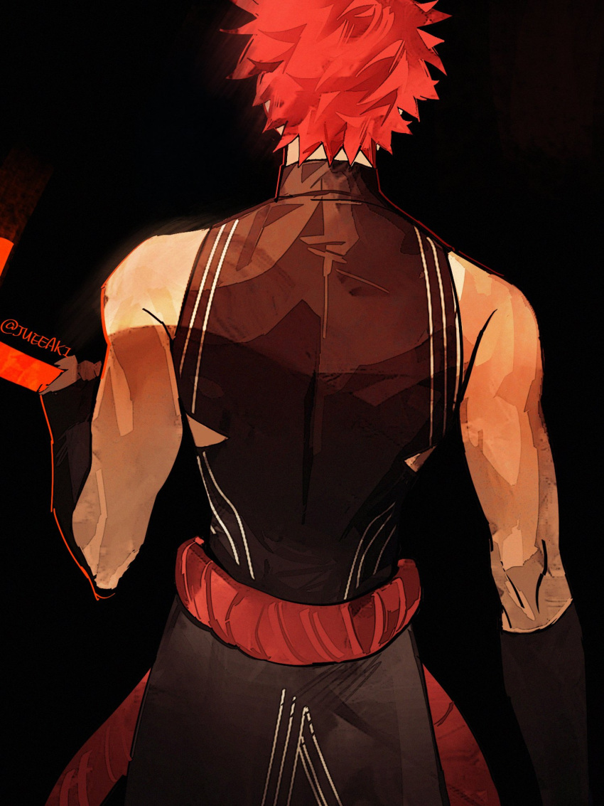1boy, bare_shoulders, black_background, commentary_request, eeju, emiya_shirou, fate/grand_order, fate_(series), from_behind, highres, holding, holding_sword, holding_weapon, japanese_clothes, male_focus, redhead, rope, senji_muramasa_(fate), senji_muramasa_(second_ascension)_(fate), shimenawa, short_hair, signature, simple_background, sleeveless, solo, sword, upper_body, weapon