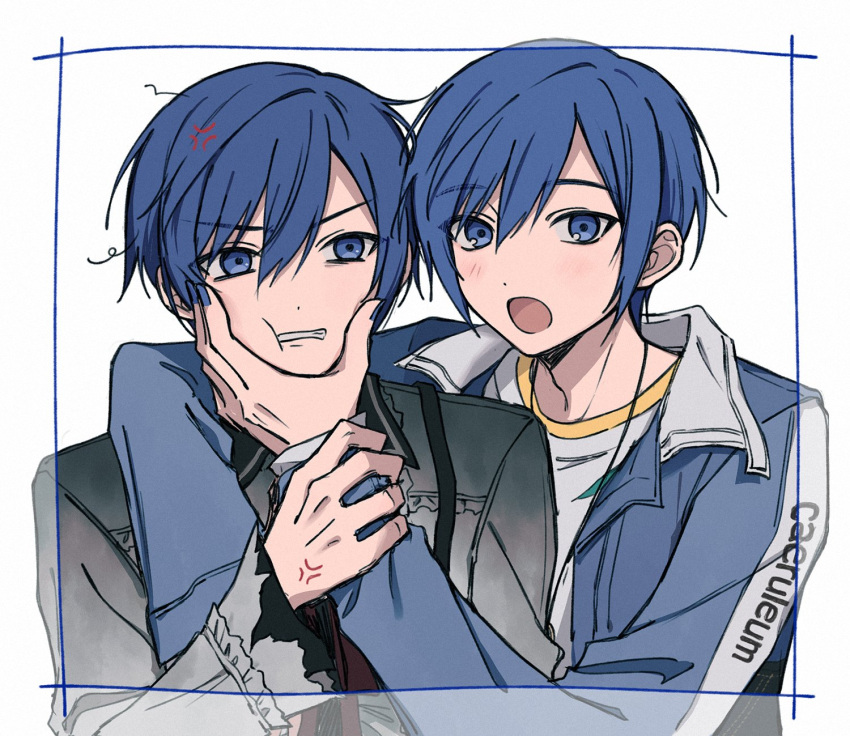 2boys, :o, anger_vein, annoyed, b718293, black_shirt, blue_eyes, blue_hair