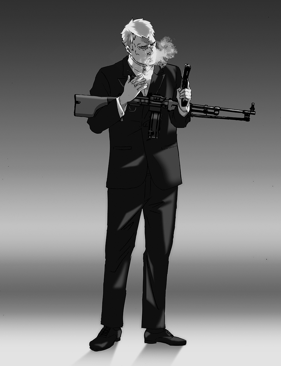 1boy, ammunition_box, averting_eyes, battlesecretary, between_fingers, bipod, buttoned_cuffs, buttons, cigarette, collared_shirt, commentary_request, cross-laced_footwear, full_body, gradient_background, greyscale, gun, h&amp;k_usp, handgun, highres, holding, holding_cigarette, holding_gun, holding_weapon, lapels, light_machine_gun, long_sleeves, machine_gun, male_focus, mature_male, monochrome, nose, original, pants, pocket, rpd, shadow, shirt, shoes, short_hair, smoke, smoking, solo, standing, suit_jacket, very_short_hair, weapon, western_comics_(style)