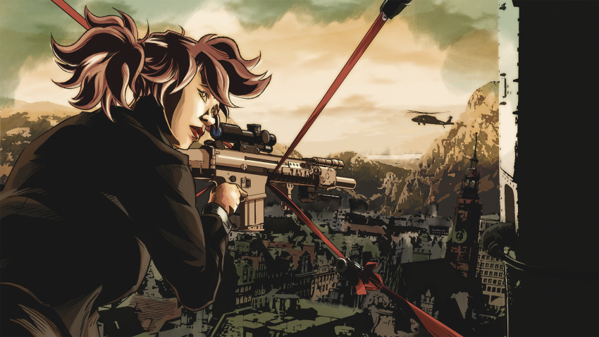 1girl, aircraft, battle_rifle, battlesecretary, bipod, black_jacket, brown_eyes, brown_hair, building, clouds, collared_shirt, dress_shirt, european_architecture, flying, fn_scar_17, folding_stock, foregrip, from_behind, gun, helicopter, highres, holding, holding_gun, holding_weapon, jacket, laser_sight, lips, long_hair, looking_back, motor_vehicle, mountain, nose, office_lady, original, outdoors, ponytail, red_lips, rifle, scenery, scope, shirt, sky, solo, spire, steeple, tower, town, turning_head, upper_body, vertical_foregrip, weapon, western_comics_(style), white_shirt, wind, yellow_sky