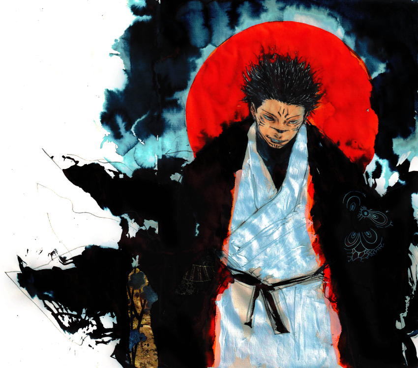 1boy, absurdres, black_hair, black_robe, facial_tattoo, fushiguro_megumi, highres, jujutsu_kaisen
