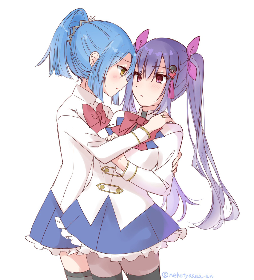 2girls, assault_lily, benini, black_thighhighs, blue_hair, blue_skirt, blush, bow