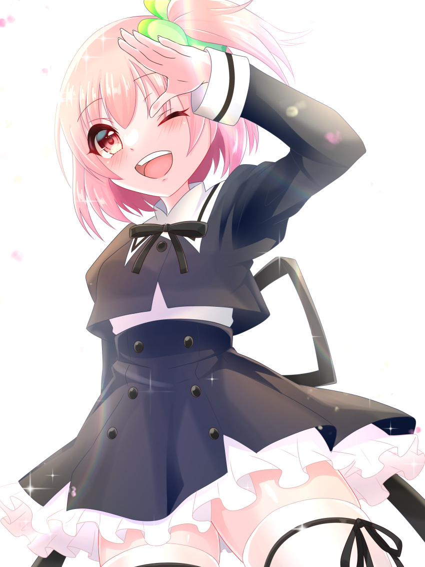 1girl, ;d, absurdres, anjou_seira, arm_at_side, arm_up, assault_lily, black_ribbon, black_skirt, blush, buttons, clover_hair_ornament, commentary, cowboy_shot, cropped_jacket, falling_petals, four-leaf_clover_hair_ornament, frilled_skirt, frills, hair_between_eyes, hair_ornament, high-waist_skirt, highres, hitotsuyanagi_riri, juliet_sleeves, leg_ribbon, long_sleeves, looking_at_viewer, miniskirt, neck_ribbon, one_eye_closed, one_side_up, open_mouth, petals, pink_eyes, pink_hair, puffy_sleeves, ribbon, salute, school_uniform, simple_background, skirt, smile, solo, sparkle, standing, teeth, thigh-highs, thigh_ribbon, upper_teeth_only, white_background, white_thighhighs, yurigaoka_girls_academy_school_uniform, zettai_ryouiki
