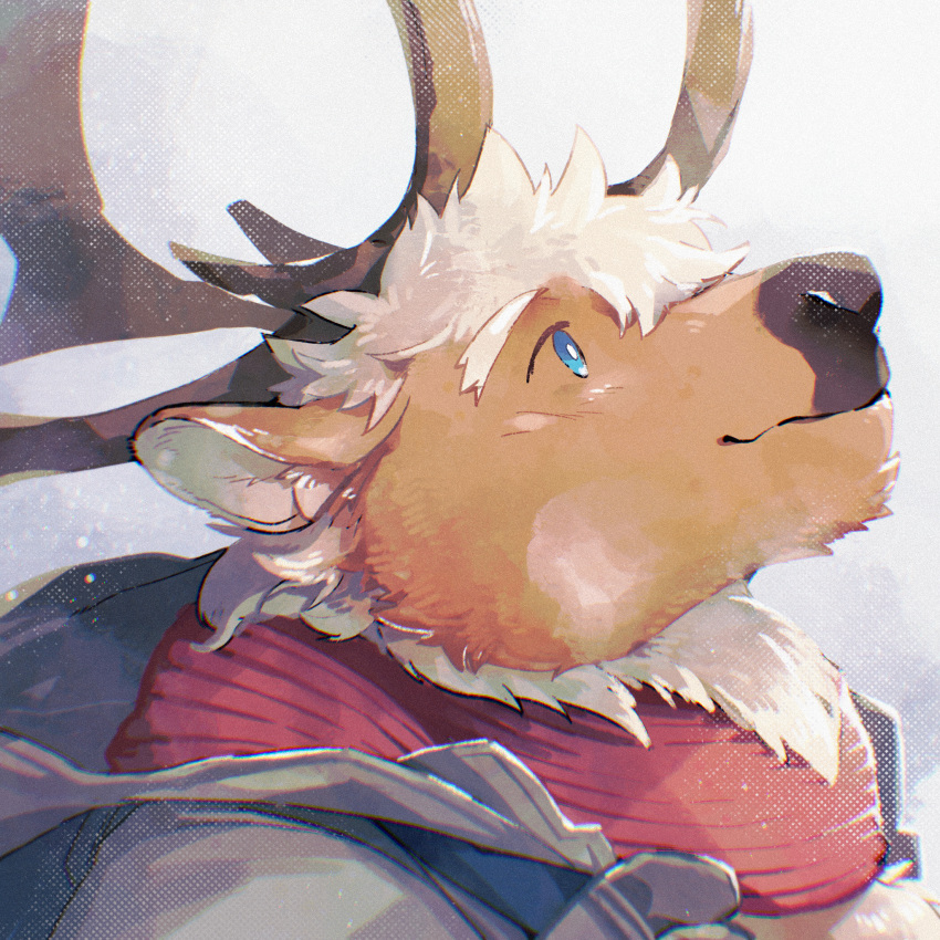 1boy, animal_ears, antlers, blue_eyes, breath, brown_fur, closed_mouth, commentary_request
