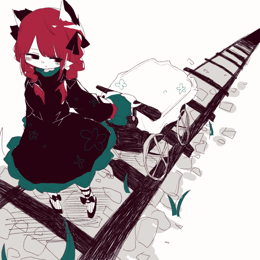 1girl, black_dress, braid, commentary_request, dress, from_above, full_body, hair_ribbon
