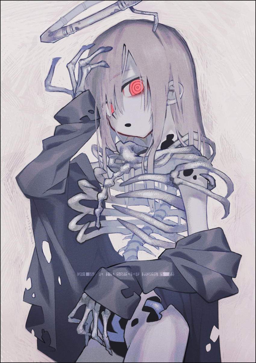 :o, bare_shoulders, black_border, bone, bone_halo, border, commentary, cowboy_shot