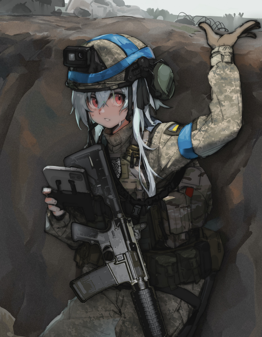 1other, absurdres, ambiguous_gender, armband, assault_rifle, blue_armband, brown_gloves, camouflage, combat_helmet, commentary_request, cowboy_shot, day, expressionless, gloves, grey_hair, gun, helmet, highres, load_bearing_equipment, load_bearing_vest, long_sleeves, military, military_uniform, original, outdoors, red_eyes, rifle, russo-ukrainian_war, soldier, solo, standing, sweat, trench, tuziki_sang, ukrainian_flag, uniform, war, weapon