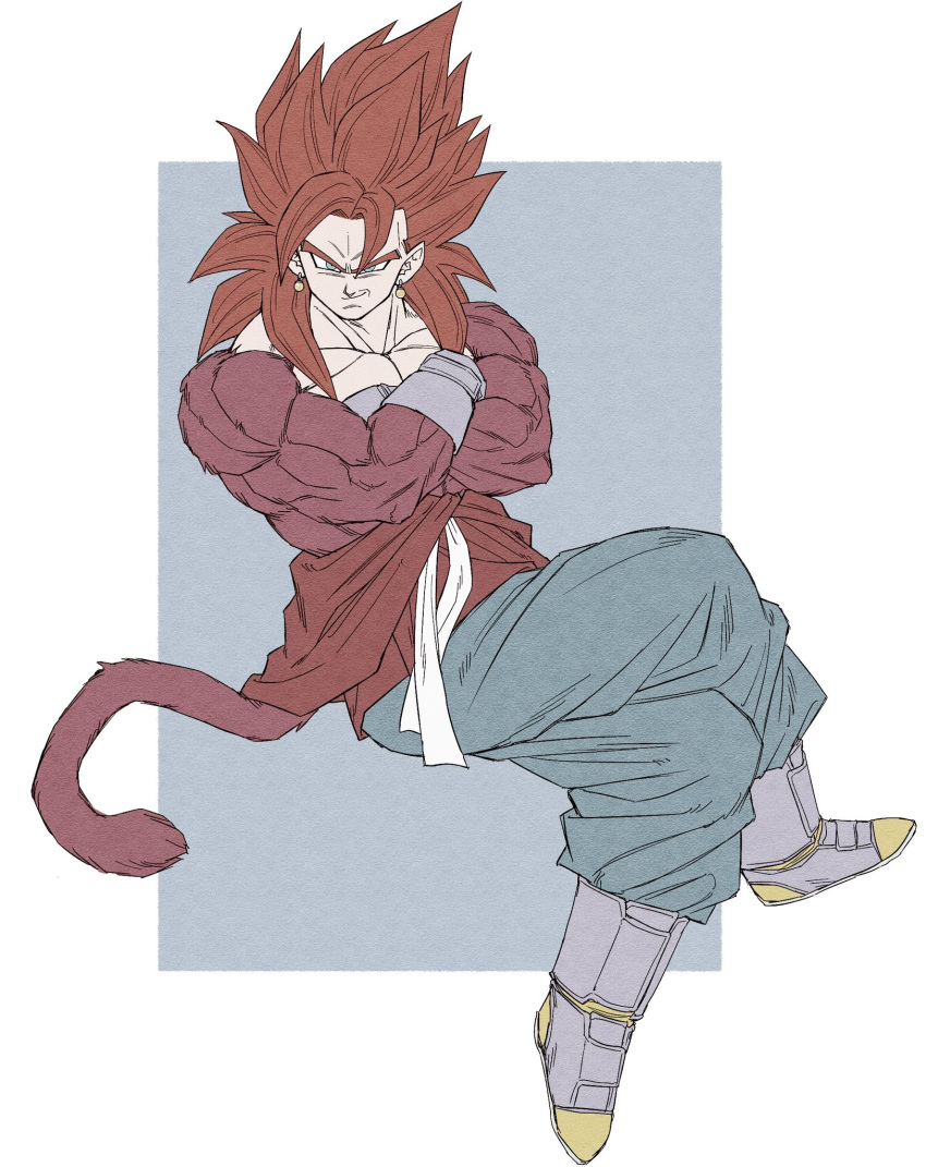1boy, biceps, blue_eyes, body_fur, closed_mouth, crossed_arms, crossed_legs, dougi, dragon_ball, dragon_ball_gt, earrings, fusion, gamma_no_3, gloves, highres, jewelry, looking_at_viewer, male_focus, monkey_boy, monkey_tail, muscular, muscular_male, no_nipples, pants, pectorals, potara_earrings, red_fur, redhead, saiyan, sash, sitting, smirk, solo, spiky_hair, super_saiyan, super_saiyan_4, tail, vegetto