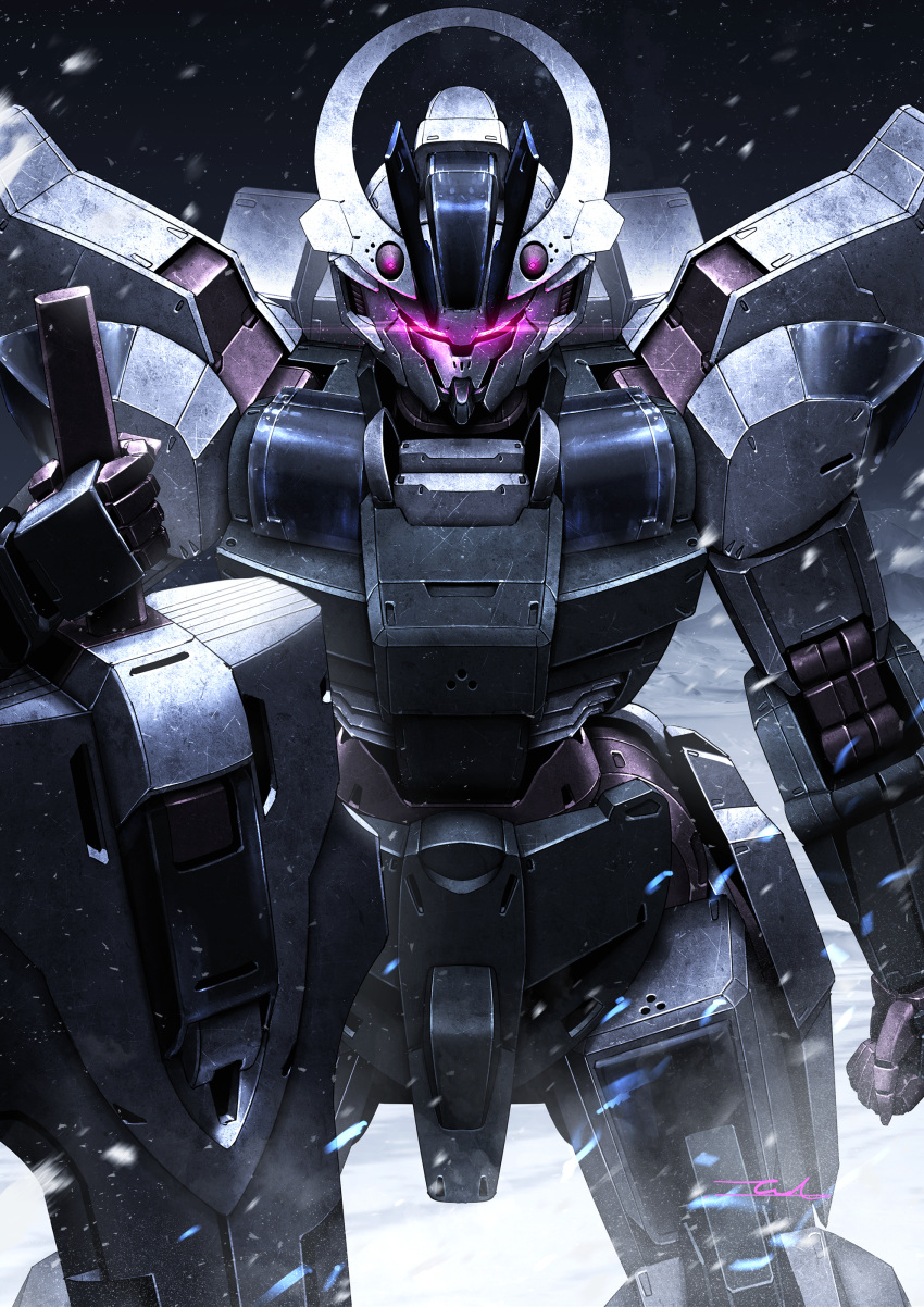 absurdres, arm_at_side, clenched_hand, commentary_request, glowing, glowing_eyes, gundam, gundam_suisei_no_majo, highres, holding, holding_sword, holding_weapon, looking_at_viewer, mecha, no_humans, outdoors, robot, schwarzette, science_fiction, signature, snowing, solo, standing, straight-on, sword, taka-f, violet_eyes, weapon