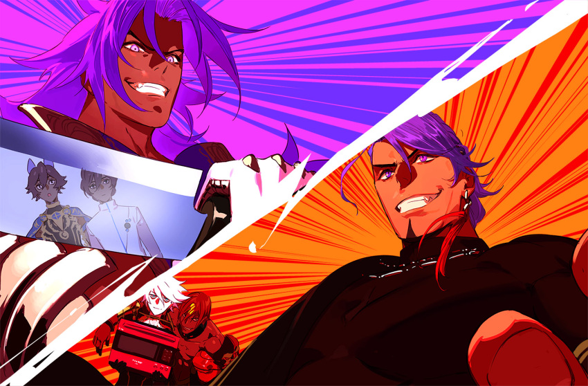 6+boys, arjuna_(fate), arjuna_alter_(fate), ashwatthama_(fate), bhima_(fate), black_hair, black_shirt, blue_eyes