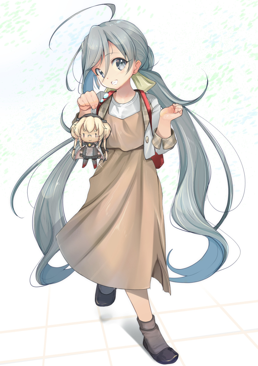 1girl, absurdres, ahoge, backpack, bag, brown_dress, character_doll, dress, full_body, grey_eyes, grey_hair, grey_socks, grin, hair_between_eyes, hair_bun, highres, kantai_collection, kiyoshimo_(kancolle), long_hair, low_twintails, musashi_(kancolle), official_alternate_costume, simple_background, single_hair_bun, smile, socks, solo, twintails, very_long_hair, white_background, yashin_(yasinz)