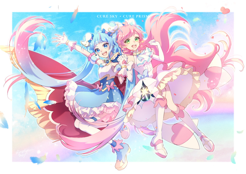 2girls, blue_eyes, blue_hair, blue_sky, bow, bowtie, cure_prism, cure_sky, feathers, floating, floating_hair, gloves, green_eyes, highres, hirogaru_sky!_precure, lanzhu, multiple_girls, nijigaoka_mashiro, pink_bow, pink_bowtie, pink_hair, precure, shoes, sky, sora_harewataru, thigh-highs, white_gloves, white_thighhighs