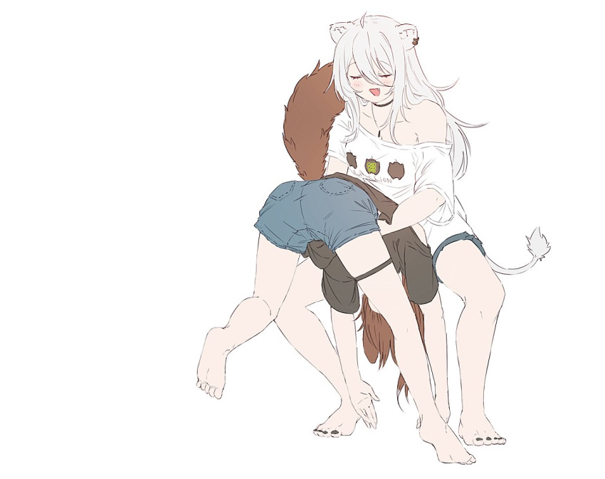 2girls, animal_ears, ass, black_choker, black_nails, black_shirt, blue_shorts, choker, closed_eyes, dog_girl, dog_tail, ear_piercing, hashiguma, hololive, hug, inugami_korone, inugami_korone_(4th_costume), jewelry, lion_ears, lion_girl, lion_tail, long_hair, loose_clothes, loose_shirt, messy_hair, multiple_girls, nail_polish, necklace, official_alternate_costume, official_alternate_hairstyle, open_mouth, oversized_clothes, oversized_shirt, piercing, shirt, shishiro_botan, shishiro_botan_(4th_costume), shorts, simple_background, single_bare_shoulder, smile, t-shirt, tail, thigh_strap, toenail_polish, toenails, top-down_bottom-up, virtual_youtuber, white_background, white_hair, wrestling
