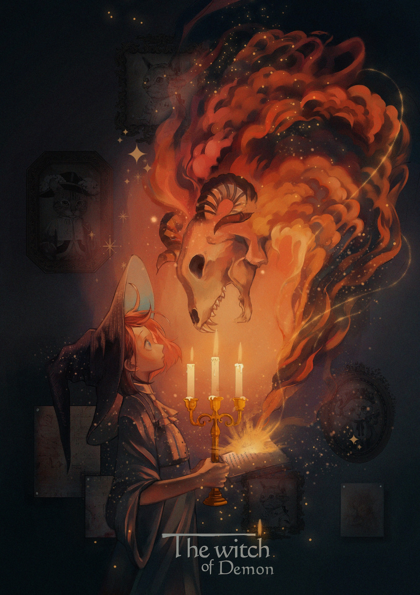 1girl, absurdres, book, candelabra, candle, candlestand, demon, english_text