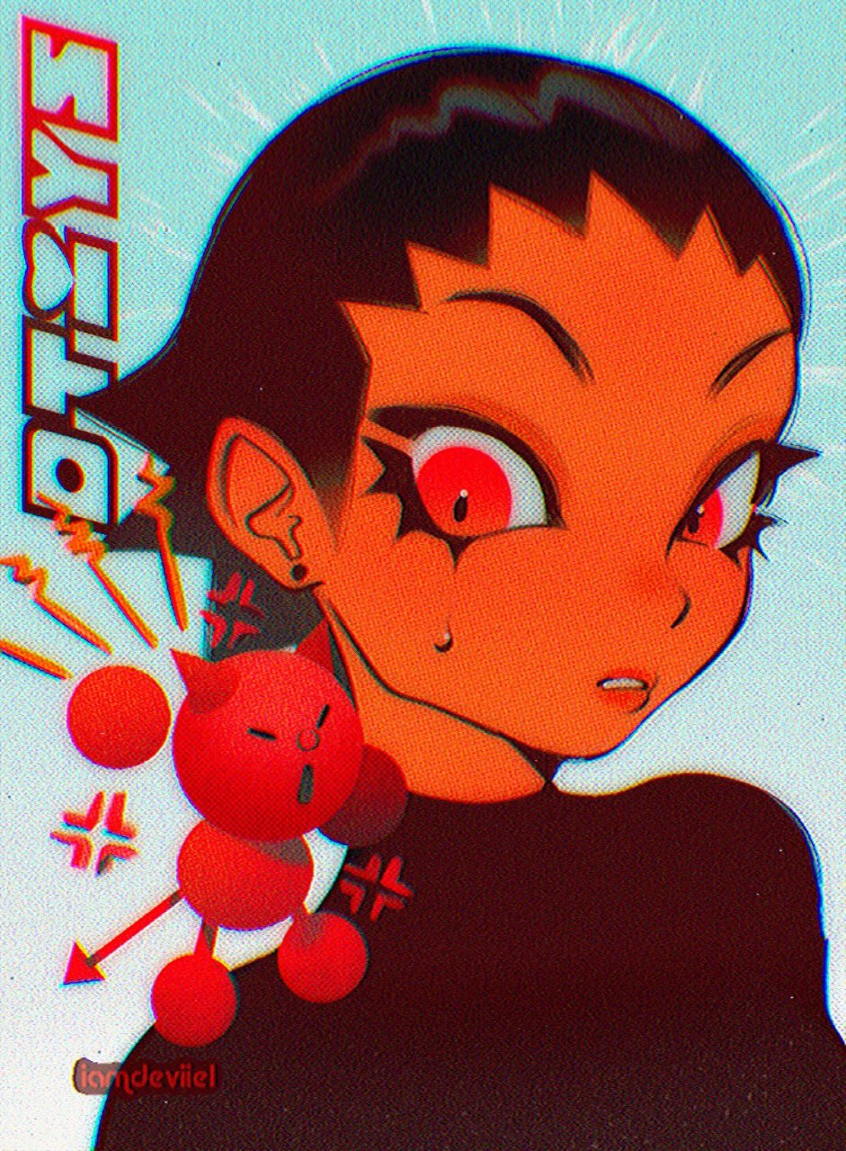 1girl, artist_name, black_hair, chromatic_aberration, dark-skinned_female, dark_skin, demon, demon_tail, draw_this_in_your_style_challenge, earrings, highres, iamdeviiel, jewelry, original, parted_lips, portrait, red_eyes, short_hair, solo, sweatdrop, tail
