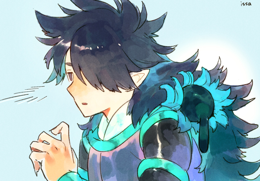 black_cat, black_hair, blue_background, cat, fengxi_(the_legend_of_luoxiaohei), hair_over_one_eye, hand_up, isasasa001