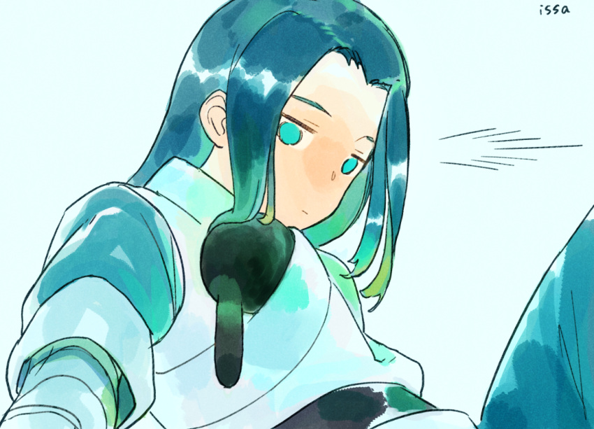 1boy, aqua_eyes, black_cat, blue_background, blue_hair, cat, expressionless, isasasa001