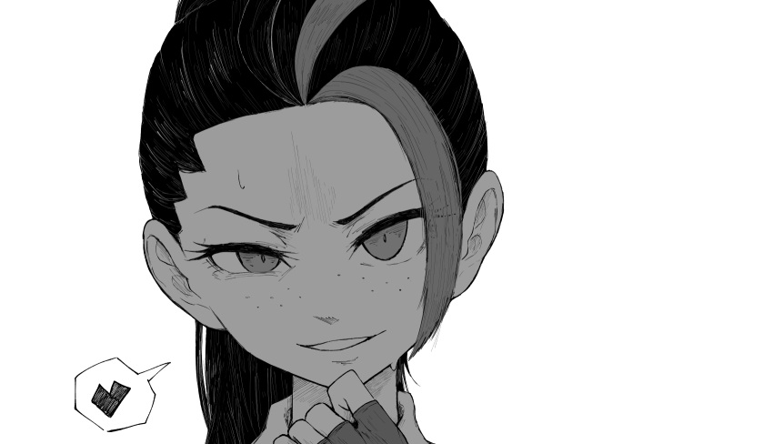 1girl, batta_nj, commentary, fingerless_gloves, freckles, gloves, greyscale, half-closed_eye, hand_up, heart, highres, long_hair, looking_at_viewer, monochrome, multicolored_hair, nemona_(pokemon), parted_lips, pokemon, pokemon_(game), pokemon_sv, ponytail, portrait, simple_background, smile, smirk, solo, spoken_heart, sweat, two-tone_hair