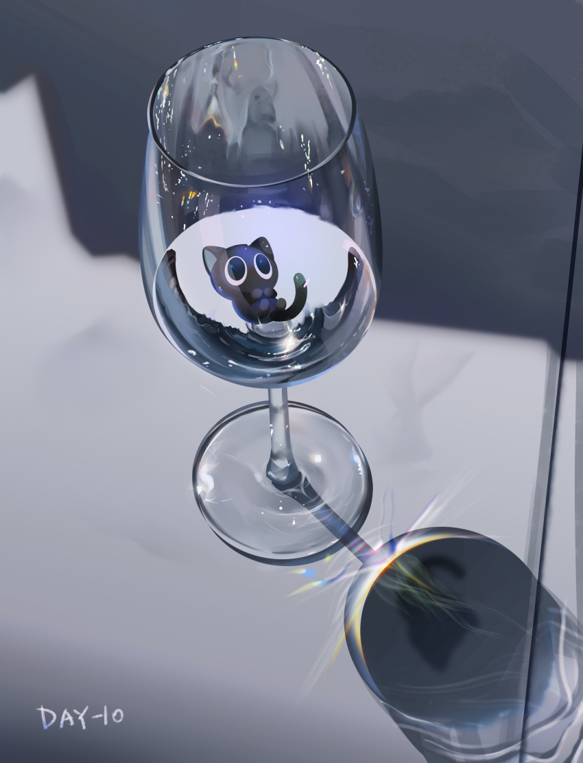 absurdres, black_cat, black_eyes, cat, cup, drinking_glass, highres, jiuminene