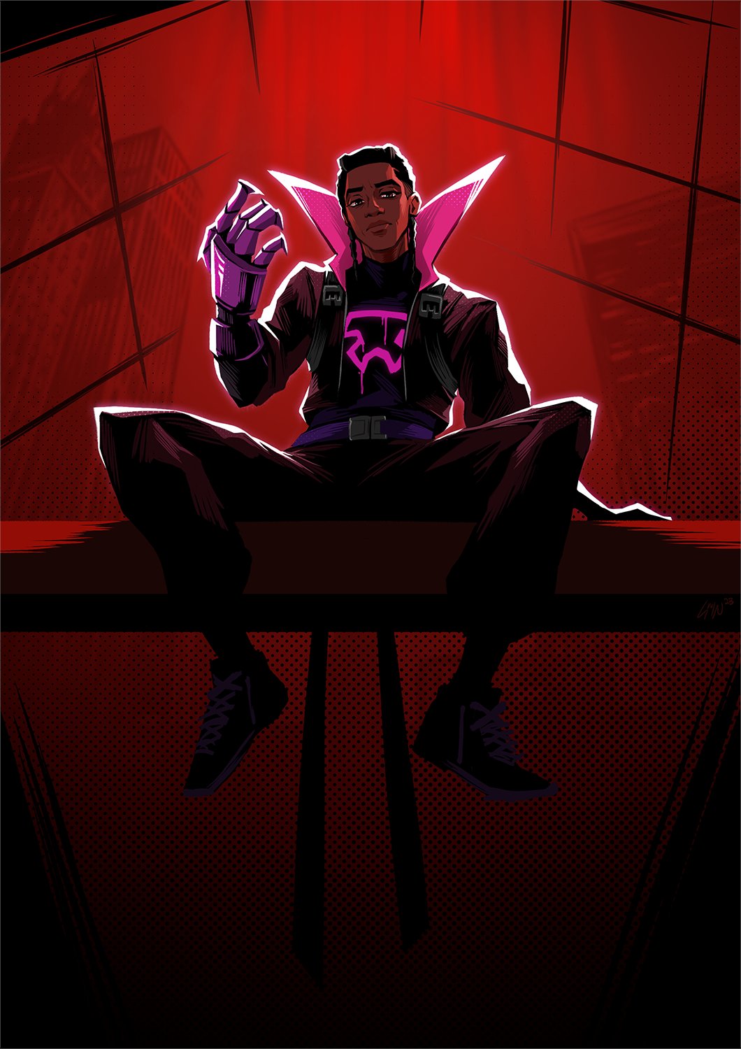 1boy, black_hair, braid, claws, dark-skinned_male, dark_skin, gwindows22, high_collar, highres, male_focus, marvel, miles_morales, prowler_(marvel), shoes, sitting, sneakers, solo, spider-man:_across_the_spider-verse, spider-man_(series), spoilers, spread_legs, twin_braids