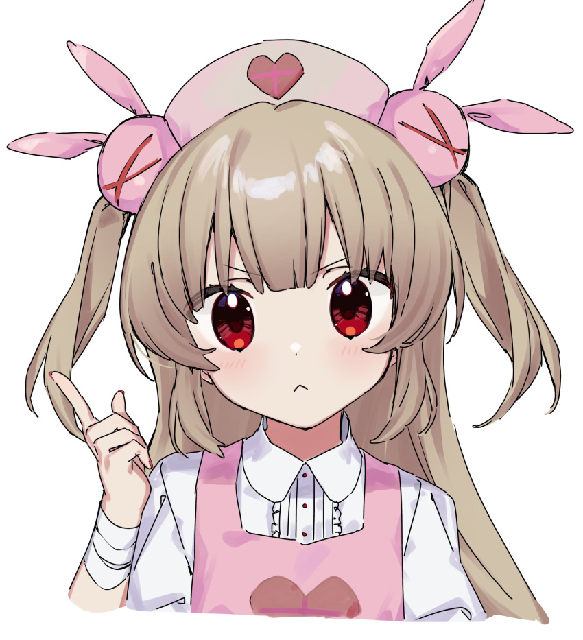 1girl, :<, apron, bandaged_wrist, bandages, closed_mouth, collared_shirt, hair_ornament