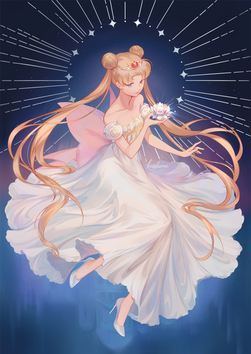 1girl, artist_name, bare_shoulders, bishoujo_senshi_sailor_moon, blonde_hair, blue_eyes, commentary_request, cursive