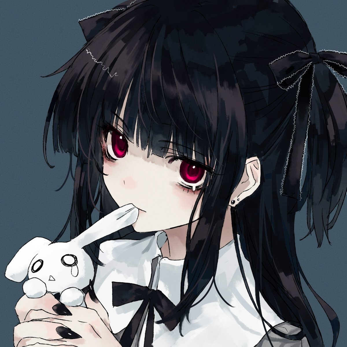 1girl, black_hair, black_nails, black_ribbon, closed_mouth, earrings, frilled_ribbon, frills