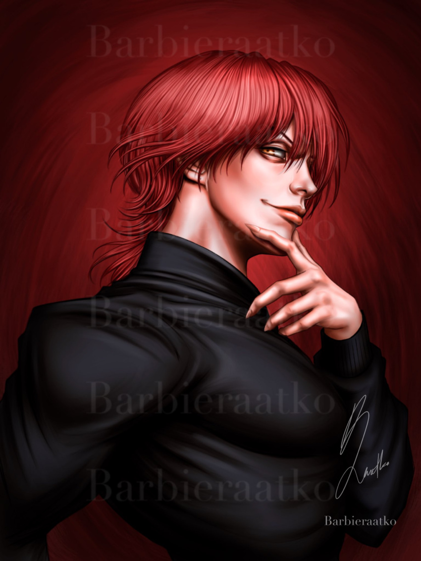 1boy, barbieraatko, black_shirt, fingernails, hand_on_own_face, highres, hisoka_morow, hunter_x_hunter, large_pectorals, male_focus, muscular, muscular_male, pectorals, profile, red_background, redhead, sharp_fingernails, shirt, signature, smile, solo, upper_body, watermark, yellow_eyes