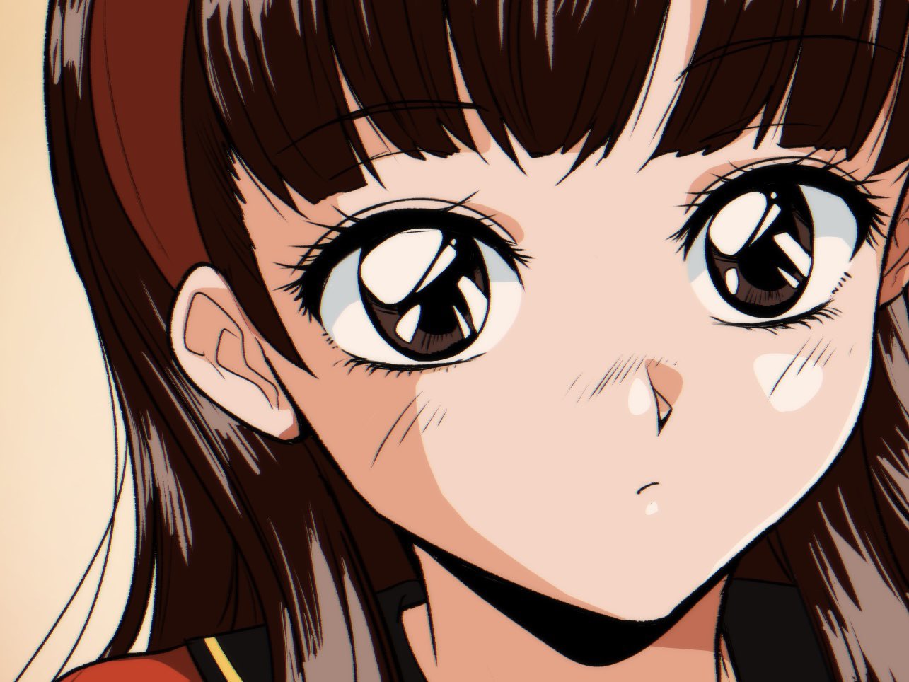 1girl, amagi_yukiko, brown_background, brown_eyes, brown_hair, close-up, closed_mouth, eyelashes