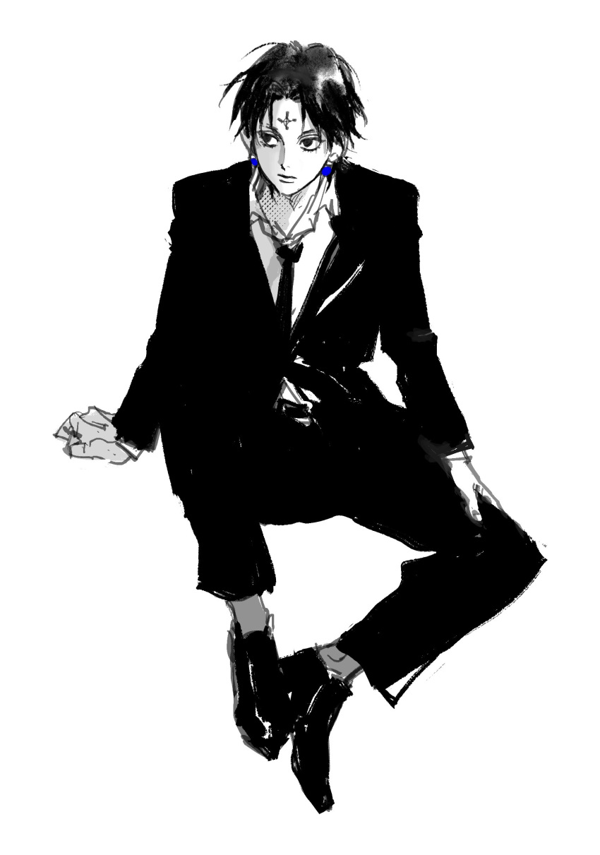 1boy, absurdres, black_eyes, black_hair, black_necktie, black_suit, chrollo_lucilfer, cross_tattoo, earrings, facial_mark, facial_tattoo, forehead_mark, forehead_tattoo, formal, full_body, hhkashi, highres, hunter_x_hunter, jewelry, long_sleeves, looking_to_the_side, male_focus, necktie, shirt, short_hair, simple_background, sitting, solo, suit, tattoo, white_background, white_shirt