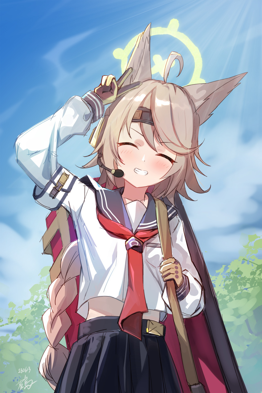 1girl, absurdres, animal_ears, black_skirt, blue_archive, brown_hair, closed_eyes, fox_ears