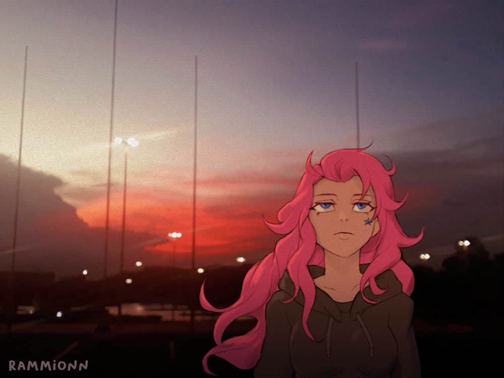 1girl, artist_name, blue_eyes, breasts, brown_hoodie, closed_mouth, collarbone, hood, hood_down, hoodie, large_breasts, league_of_legends, long_hair, looking_up, outdoors, pink_hair, rammionn, seraphine_(league_of_legends), solo, sunset, upper_body