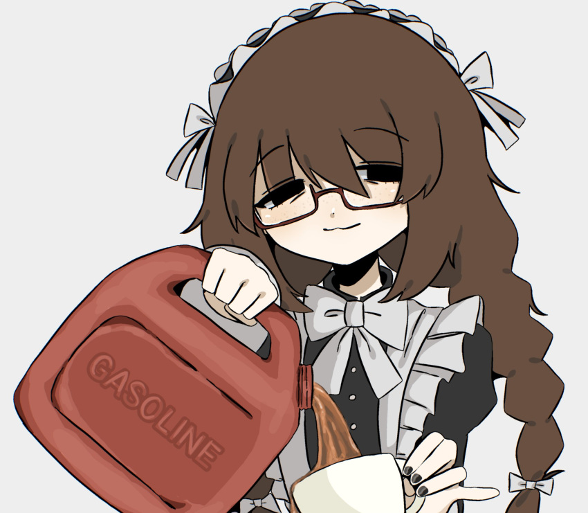 1girl, :3, apron, bags_under_eyes, black_eyes, black_nails, bow, bowtie, braid, brown_hair, closed_mouth, commentary, cup, english_commentary, gas_can, gasoline, glass, glasses, hair_bow, hair_ribbon, head_tilt, highres, holding, holding_cup, looking_at_viewer, maid_apron, maid_headdress, nail_polish, original, pouring, red-framed_eyewear, ribbon, semi-rimless_eyewear, simple_background, smile, snale, solo, teacup, twin_braids, twintails, upper_body, white_background, white_bow, white_bowtie, white_ribbon